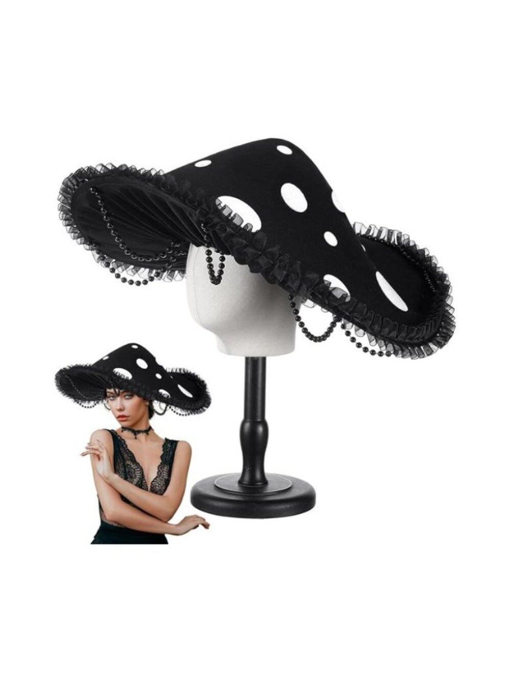 Mushroom Fairy Hat Beaded Lace Brim Cap Renaissance Medieval Cosplay